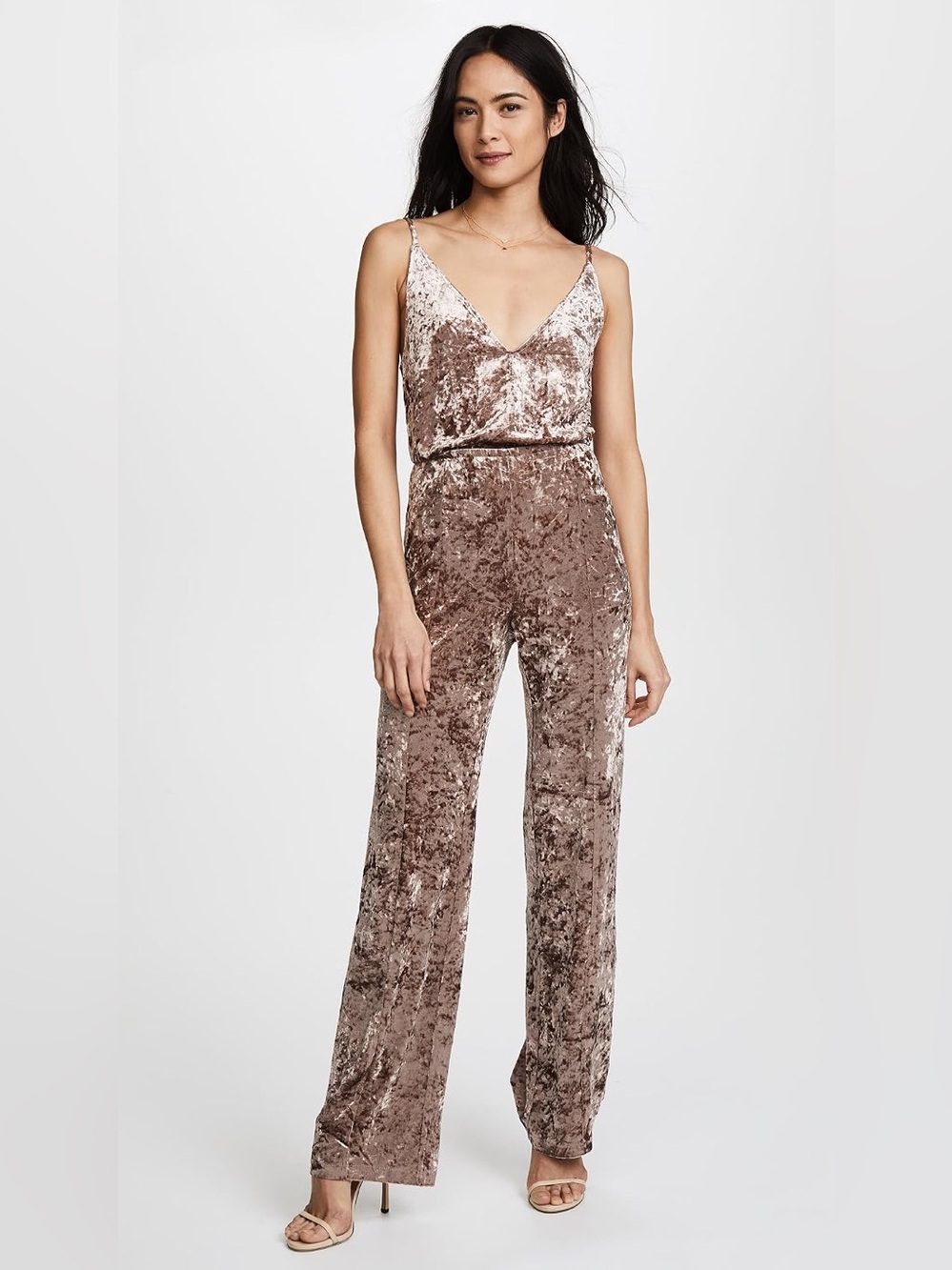 BB Dakota Crushed Velvet V-Neck Wide-Leg Jumpsuit in Taupe. Size: Small